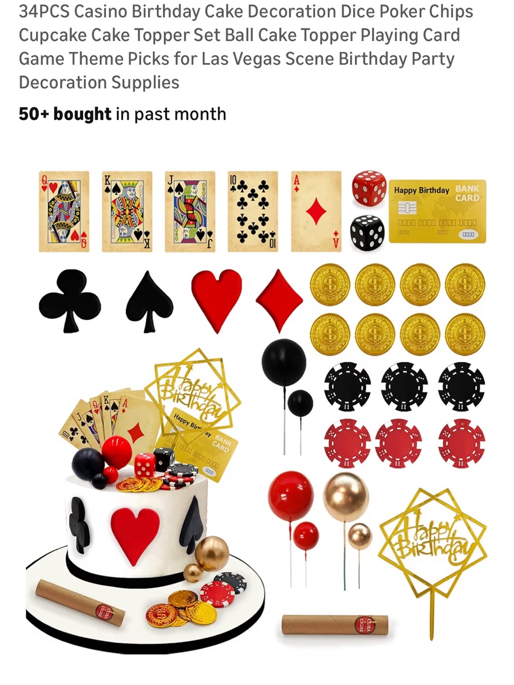 Casino Birthday Cake Toppers - Black Red Gold Party Picks